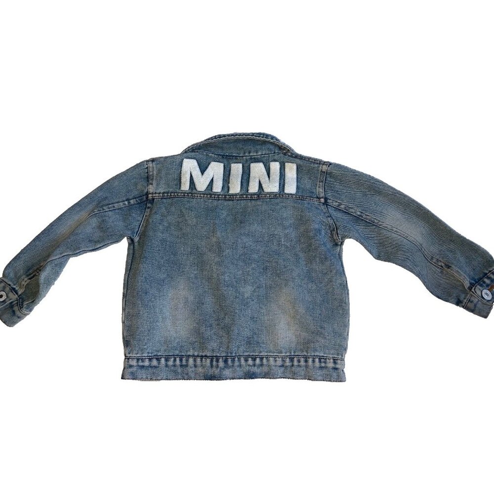 girls long sleeve denim blue jean jacket sz 4-5Y "MINI" white lettering on back